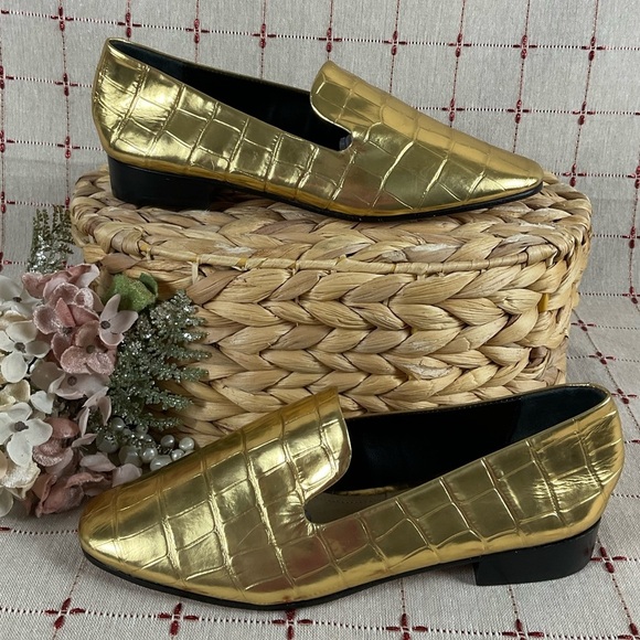 SCHUTZ “Flor” Metallic Gold Leather Crocodile Embossed Loafer Flats Size 6 New - Picture 1 of 8